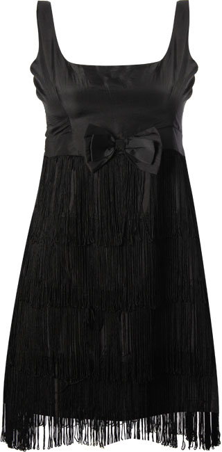 Taffeta party dress with fringing and bow detail.