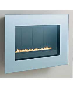Contemporary glass fronted gas fire with silver finish.Requires no chimney or flue.100 net efficienc