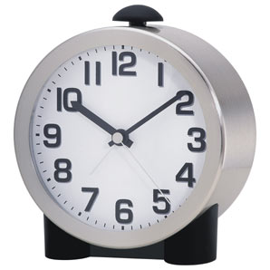 A bell style alarm clock with a modern look, operated by batteries instead of a winder. With large b