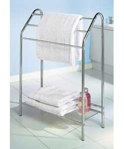 3 rail towel stand with storage shelf. Size (W)83, (D)26, (H)63cm. Packed flat for home assembly