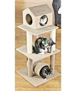 Three level carpeted adventure centre for cats, with house to hide and sleep in and ball and tunnel