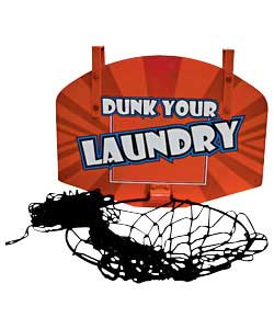 Slam dunk your laundry. Basketball hoop, back board and net with door attachment. Net opens to