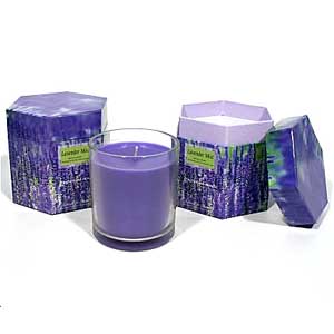 Lavender Mist candle jar in hexagonal gift box. A glass jar candle with a burn time of around 30