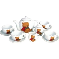 This thirteen piece tea set contains four cups and saucers  tea pot  milk jug and sugar bowl  all wi