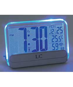 See-through and silver.MSF radio controlled.Snooze/light.Indoor thermometer.Perpetual calendar.Day/d