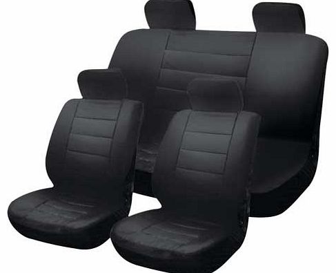 Black leather effect car seat and headrest covers. with foam padding for extra comfort. Made from polyester. 2mm thick foam padding. 2 front seat covers and 2 piece rear seat covers. 4 headrest covers. Universal fit. Compatible with seat side airbag.