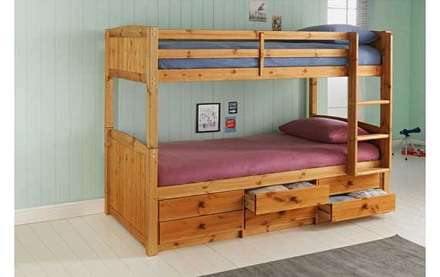Part of the Georgie collection. Solid wood frame finish. Ladder can be positioned either side of the bed. Can be used as 2 single beds. Includes wooden slats. Bed size W106. L198. H157cm. Clearance between floor and underside of bed 37cm. For ages 6 