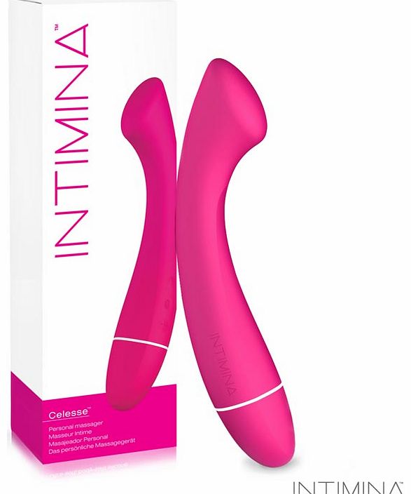 Intimina Celesse Personal Massager. Sleek design for internal massage. Offers 6 near-silent rhythmic modes. Easy to operate and made from body-safe sillicone. Adjustable curved head for internal, external and all over body massage.
