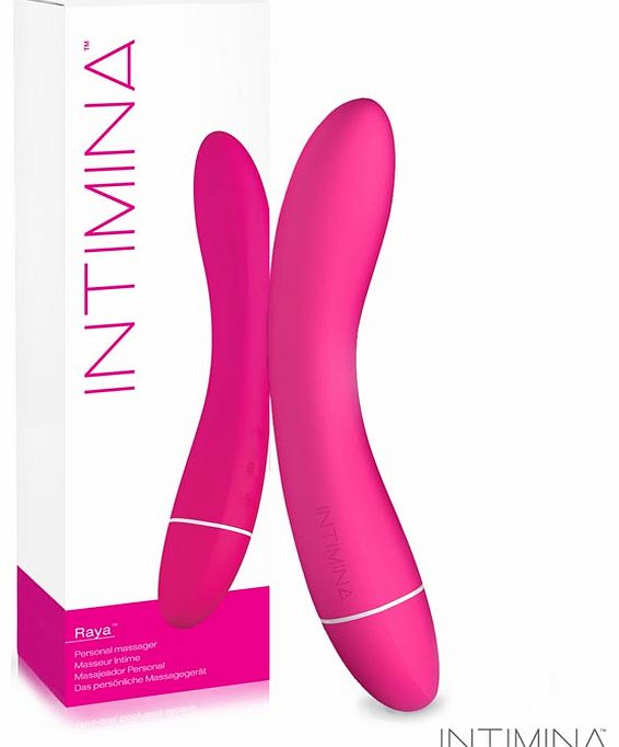 Intimina Raya Personal Massager. Naturally curved, discreet massager. Offers 6 near-silent rhythmic modes with 16 speeds. Easy to operate and made from body-safe sillicone. Enjoy the versatility of internal or external massage.