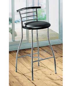 Chrome metal frame with a black faux leather seatpad. Size (W)45, 44(D), (H)91.5cm. Packed flat for