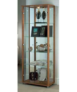 Size (W)64, (D)33, (H)172cm.Light oak finish.  2 glass doors.  4 glass shelves and base shelf.  Mirr