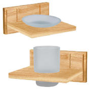This set includes a natural coloured rubberwood/plastic soap dish and tumbler holder.  The soap