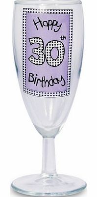 Lilac Happy 30th Birthday Champagne Flute This fun and funky champagne flute is the perfect gift to celebrate a 30th birthday. The wording Happy 30th Birthday is standard text. Hand Wash Only. Glass measures approximately 15.8 cm x 5.4 cm x 5.5 cm. D