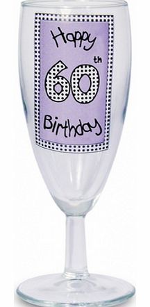 Lilac 60th Birthday Champagne Glass This 60th Birthday Champagne Flute reads Happy 50th Birthday as standard. It has a lilac printed design and is made of real glass. The flute measures around 15.8 cm x 5.5 cm x 5.5 cm. It takes between 3 and 5 worki