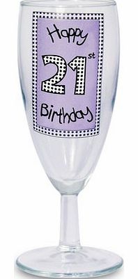 Lilac 21st Birthday Champagne Flute This fun and funky champagne flute is the perfect gift to celebrate a 21st birthday. The wording Happy 21st Birthday is standard text. Hand Wash Only. Glass measures approximately 15.8 cm x 5.4 cm x 5.5 cm. Due to 