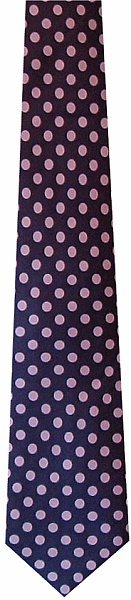 A thick deep purple silk tie covered in lilac polka dots