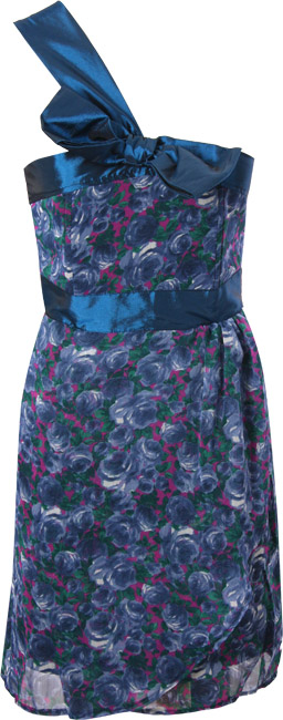 One shoulder painted floral print dress with bow detail. 100 Polyester. Length 86.5cms