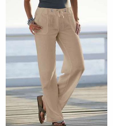 We have updated your favourite summer bottoms with these easy, pull on trousers with half elastic rib waistband, button and zip fastening with drawstring tie. These are the ultimate summer trousers in a gorgeous linen rich fabric. Complete with 2 sid