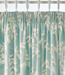A contemporary printed foliage design, in a fresh and modern duck egg colour palette. Curtains are f