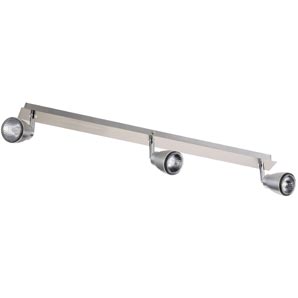 A dimmable, three light bar spotlight in brushed a