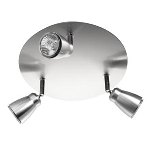 A dimmable, three light plate spotlight in brushed aluminium
