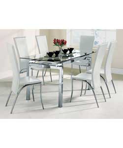 Loretta dining table with a chrome metal drame and an 8mm clear tempered glass table top fixed with 