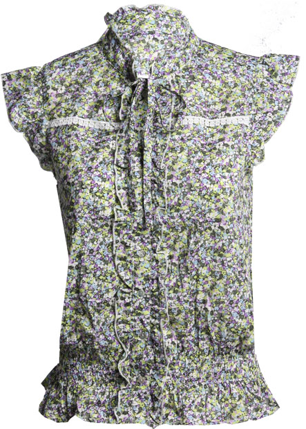 Ditsy floral print blouse with elasticated waist and cap frill sleeve. Embroidered trim detail and s