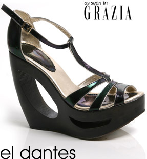 Patent leather, platform sandals with unique cut-out detail. The Luckly wedges have a metallic effec