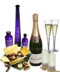 Bollinger champagne, flutes, chocolates, bath soak, candles...