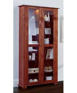 Chestnut effect display cabinet.6 wooden shelves with 2 full length glass doors.Wooden