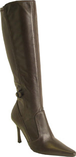 Leather high leg boot with buckle strap detail. The Magin boot has a pointed toe and stretch back. L