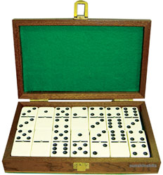 A deluxe set of dominoes pieces packaged and supplied in this attractive mahogany wooden case with b