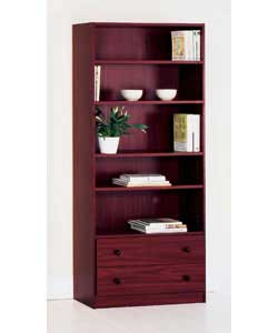 Mahogany effect bookcase.3 adjustable and 1 fixed shelf.2 drawers on metal runners with plastic