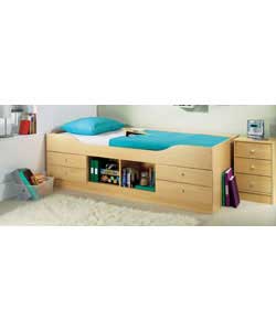 Beech effect with 4 drawers and a central open storage section on the side of the bed.Complete with
