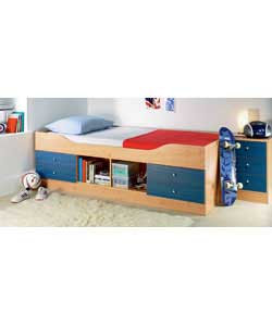 Pine effect with 4 blue drawers and a central open storage section on the side of the bed.Complete