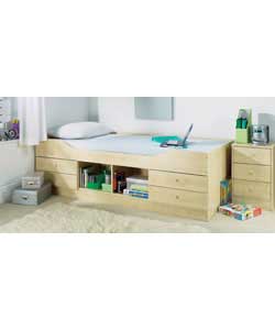 Maple effect with 4 drawers and a central open storage section on the side of the bed.Complete with