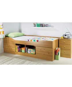 Pine effect with 4 drawers and a central open storage section on the side of the bed.Complete with