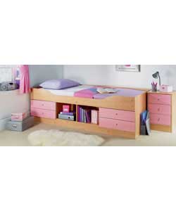 Pine effect.Includes 4 pink drawers and a central open storage section on the side of the