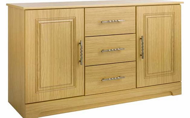 Contemporary and stylish this oak effect sideboard from our Malvern range. brings an elegant feel to your home. The combined nature of the grooved panels. antique pewter twist bar handles and wood effect exterior makes for a super chic addition to an