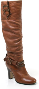 Leather knee high boots with buckle and chain detail. The Mamin boots have an almond toe, ruche deta