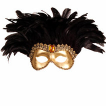 Gold eye mask with full crown of black feathers. Photos are not to scale; size guide maximum - width