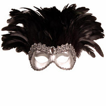 Silver eye mask with full crown of black feather. Photos are not to scale; size guide - maximum widt