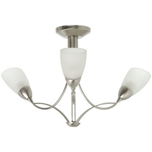 Contemporary brushed chrome semi-flush fitting with 3 opal glass shades. Matching wall light