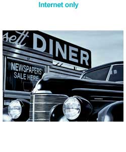 A distinct monochrome painting of Americana chic, a classic car with the backdrop of an American din