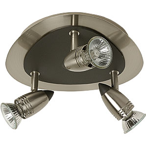 Three halogen spotlights on a stainless steel plate with a granite insert.