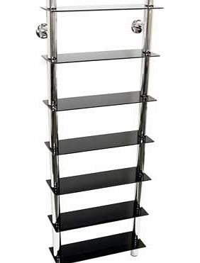 An 8 tier black glass shelving with a tubular chromed frame. Wall mounting required. Ideal for DVDs. CDs. books. bathroom storage for towels and toiletries or even for ornaments and collectables. Holds approximately 266 CDs or 175 DVDs. 20cm gap vert