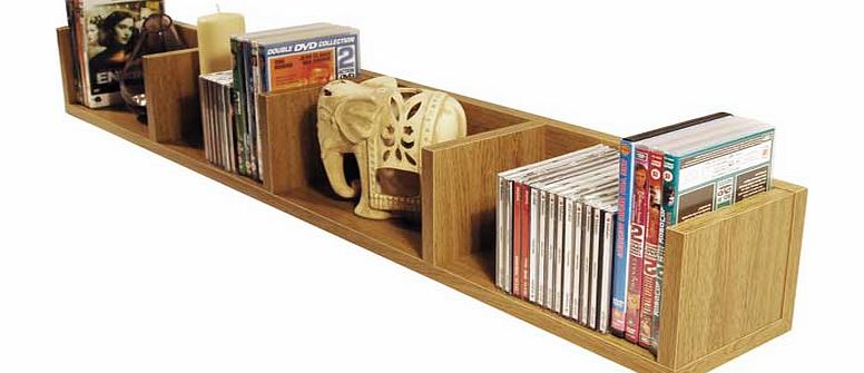 The oak wood effect storage unit stores a variety of multimedia products. Can hold up to 108 CDs. 72 DVDs/Blu-rays/computer games or a combination of these. Can be wall mounted or free standing. with wall fixings included. Each cubby is 27.5cm wide. 