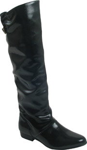 Patent high leg boots featuring ruche detail. The Meefrank boots have a buckled strap and almond toe