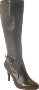 Leather high leg boots with strap and buckle detail. The Mellow boots have an almond toe and high st