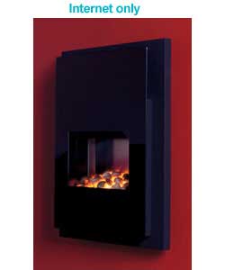 Black glass and metal electric fire.Pebble and spinner fuel bed.Wall mounted.Two heat settings.Size 
